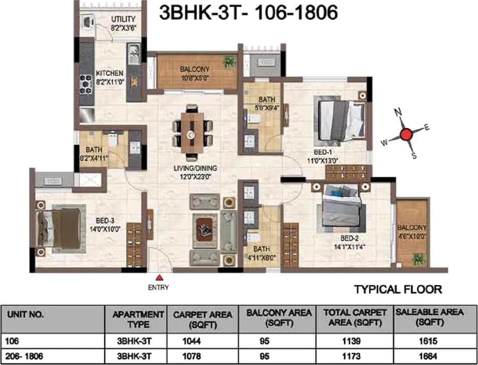 Casagrand Galileo 3 BHK floor plan, about 1,684 sq ft