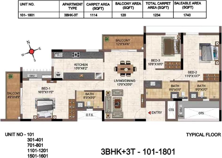 Casagrand Galileo 3 BHK floor plan, about 1,740 sq ft