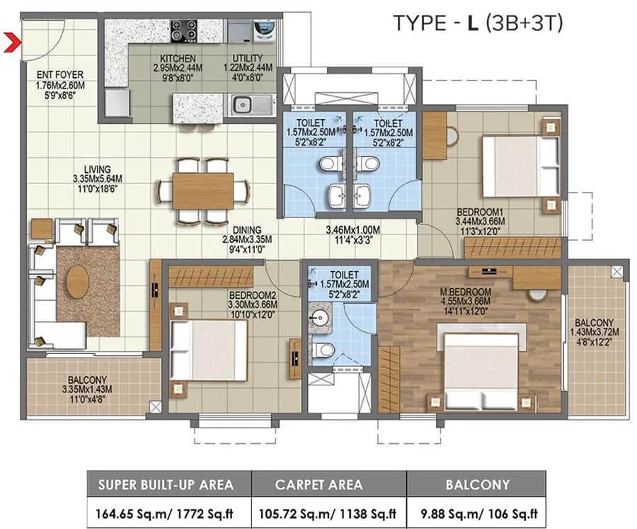 Brigade Komarla Heights 3 BHK floor plan, about 1,772 sq ft