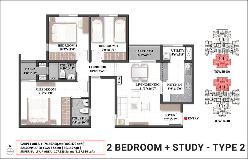 Shriram Mangalam 2 BHK floor plan, about 1,157 sq ft