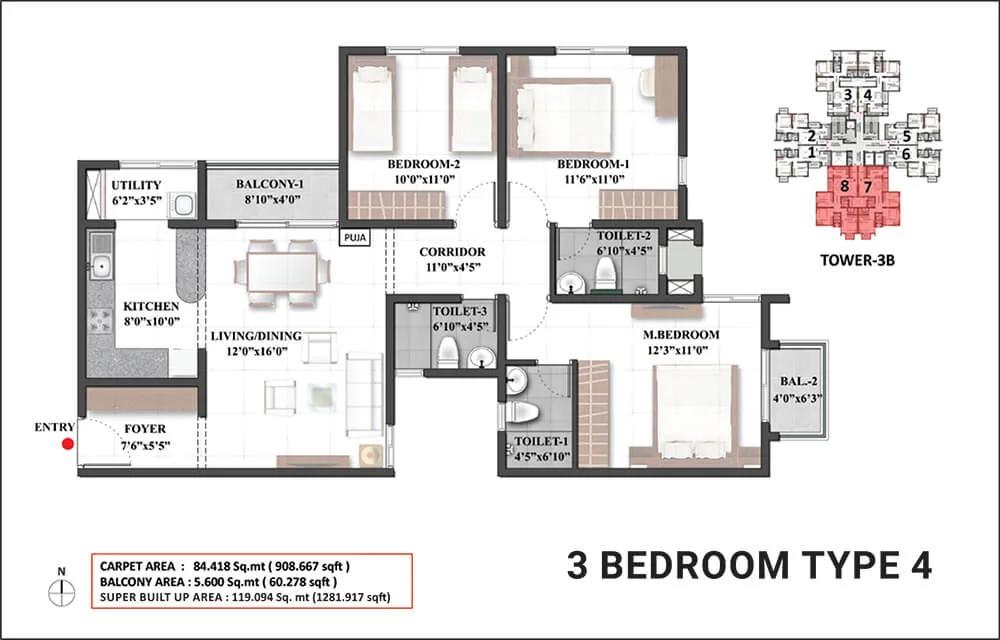 Shriram Mangalam 3 BHK floor plan, about 1,281 sq ft