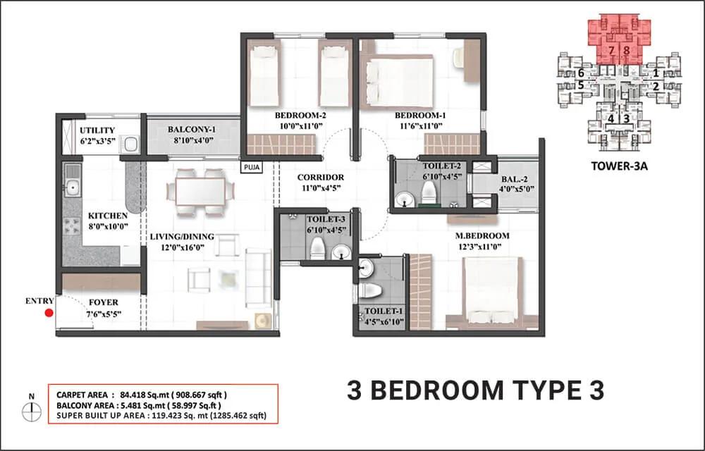 Shriram Mangalam 3 BHK floor plan, about 1,285 sq ft