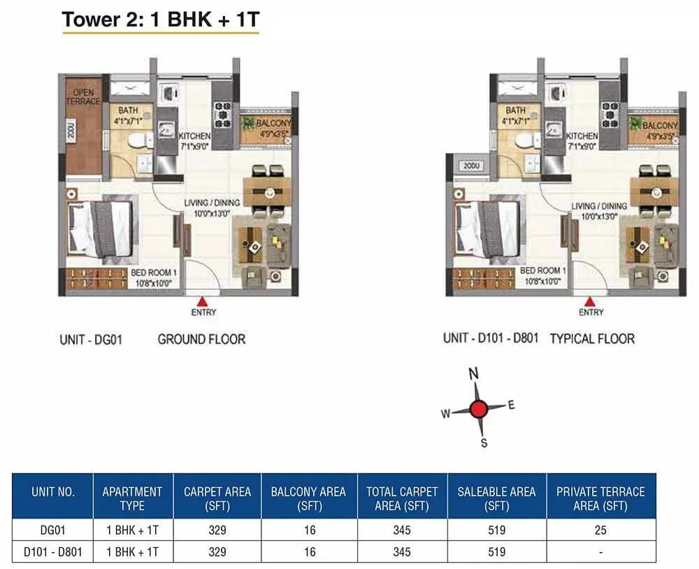 CasaGrand Aquene 1 BHK floor plan, about 519 sq ft