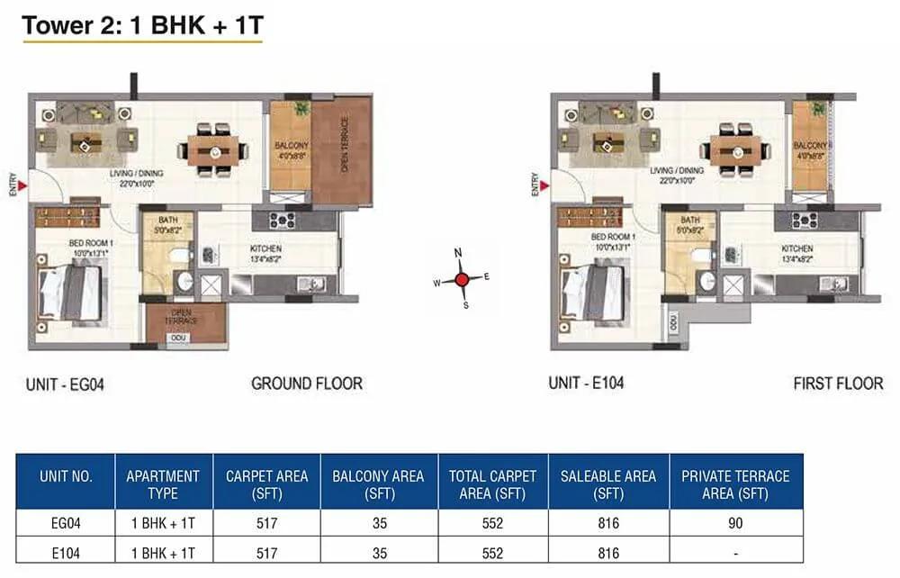CasaGrand Aquene 1 BHK floor plan, about 816 sq ft