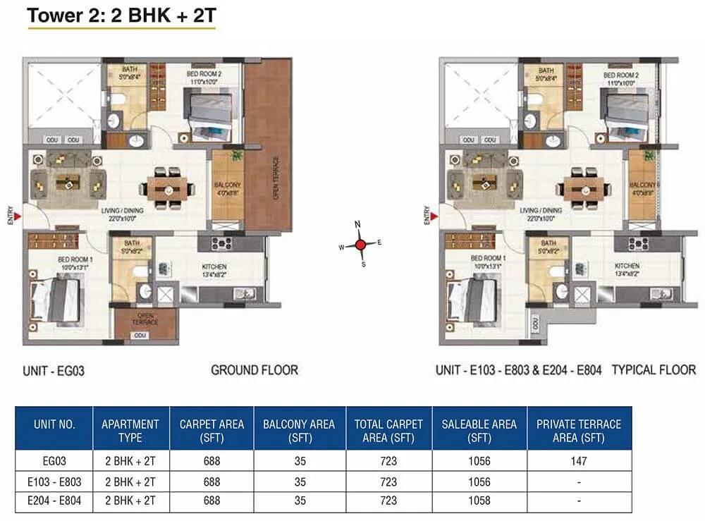 CasaGrand Aquene 2 BHK floor plan, about 1,056 sq ft