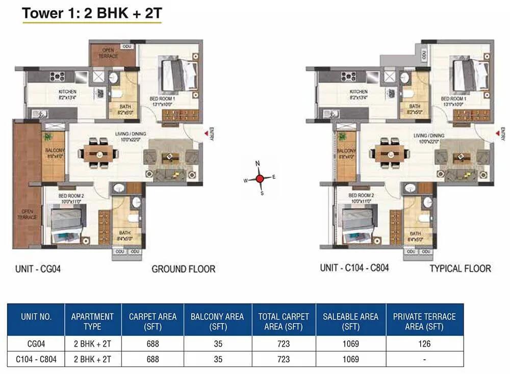 CasaGrand Aquene 2 BHK floor plan, about 1,069 sq ft