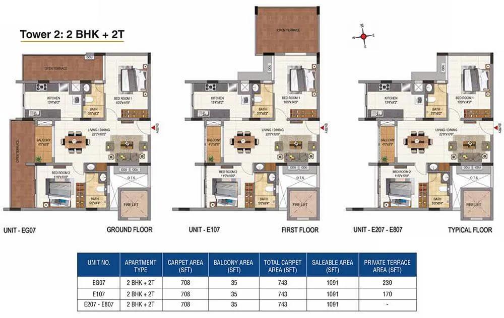 CasaGrand Aquene 2 BHK floor plan, about 1,091 sq ft