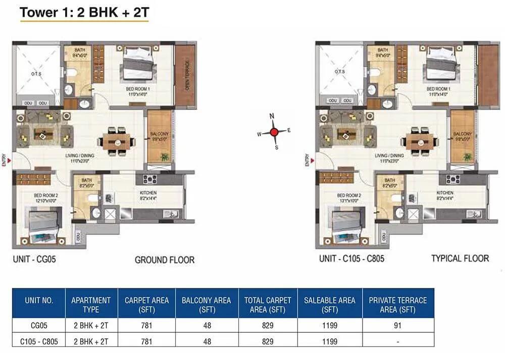 CasaGrand Aquene 2 BHK floor plan, about 1,199 sq ft