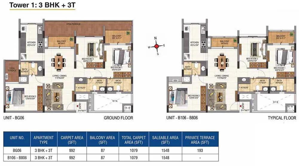 CasaGrand Aquene 3 BHK floor plan, about 1,548 sq ft