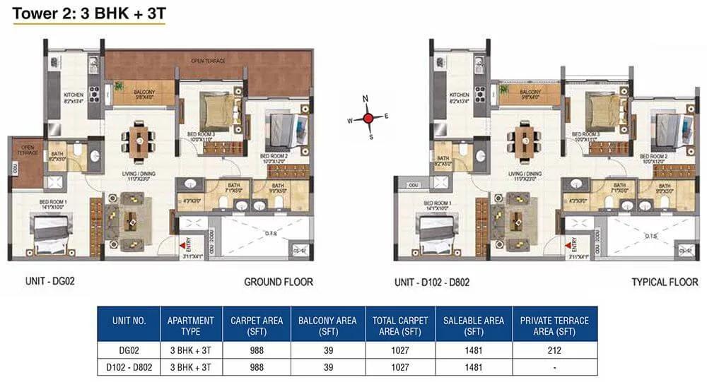 CasaGrand Aquene 3 BHK floor plan, about 1,481 sq ft