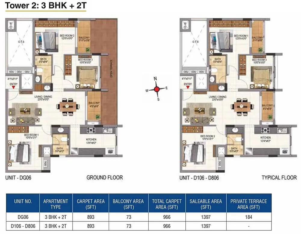 CasaGrand Aquene 3 BHK floor plan, about 1,397 sq ft
