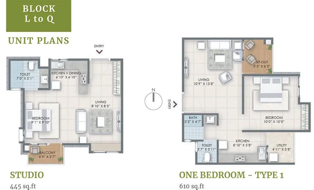 Nandi Citadel 1 BHK floor plan, about 445 sq ft
