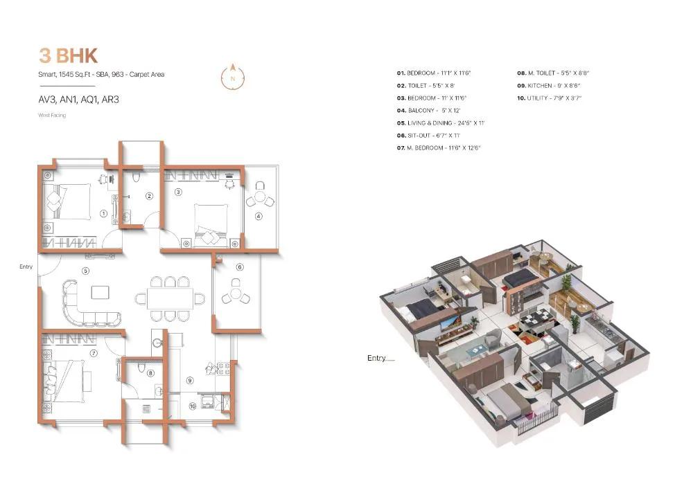 Sanjeevini Adwaith 3 BHK floor plan, about 1,545 sq ft