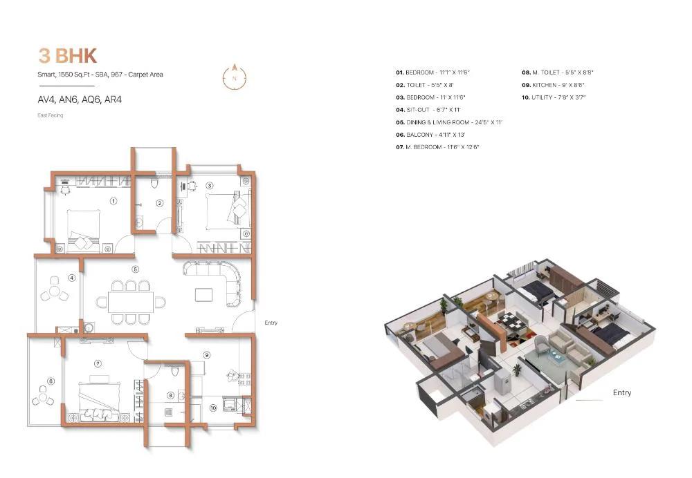 Sanjeevini Adwaith 3 BHK floor plan, about 1,550 sq ft