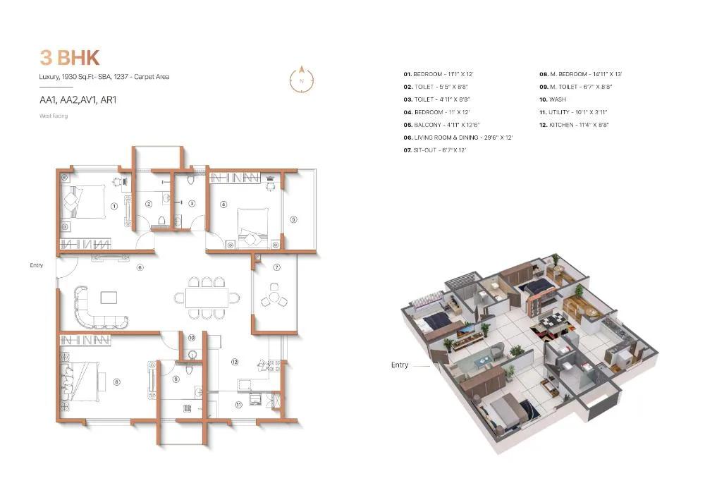 Sanjeevini Adwaith 3 BHK floor plan, about 1,930 sq ft