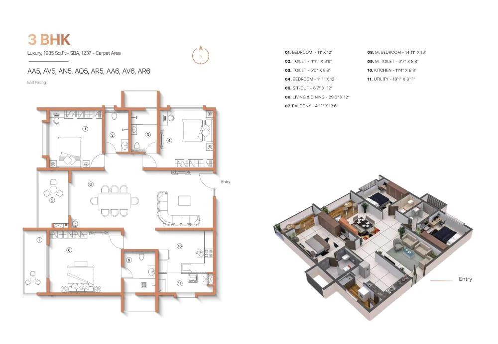 Sanjeevini Adwaith 3 BHK floor plan, about 1,935 sq ft
