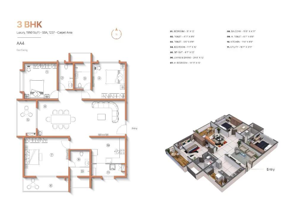 Sanjeevini Adwaith 3 BHK floor plan, about 1,950 sq ft
