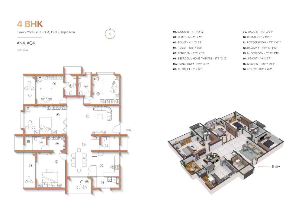 Sanjeevini Adwaith 4 BHK floor plan, about 2,555 sq ft