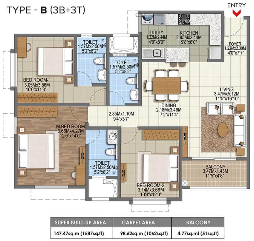 Brigade Nanda Heights 3 BHK floor plan, about 1,587 sq ft