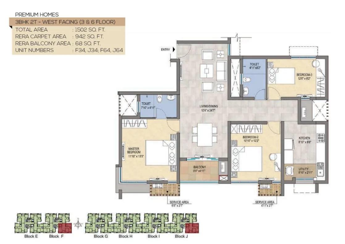 TVS Emerald Peninsula Magnific 3 BHK floor plan, about 1,502 sq ft