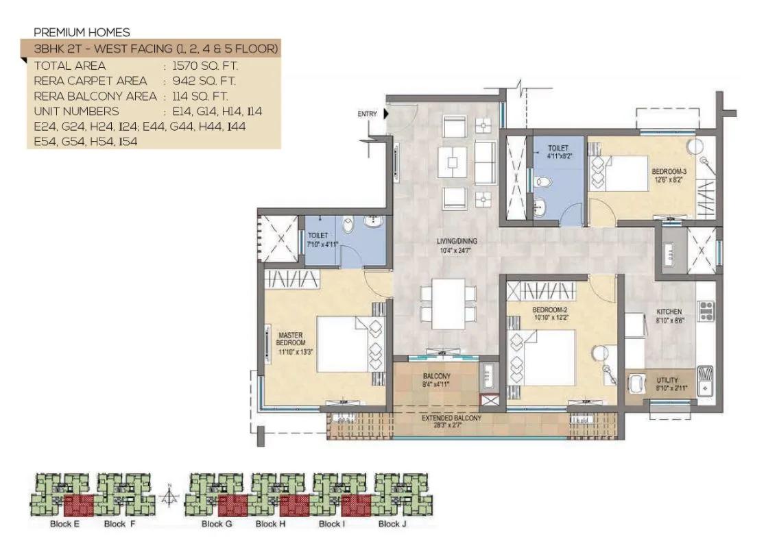 TVS Emerald Peninsula Magnific 3 BHK floor plan, about 1,570 sq ft