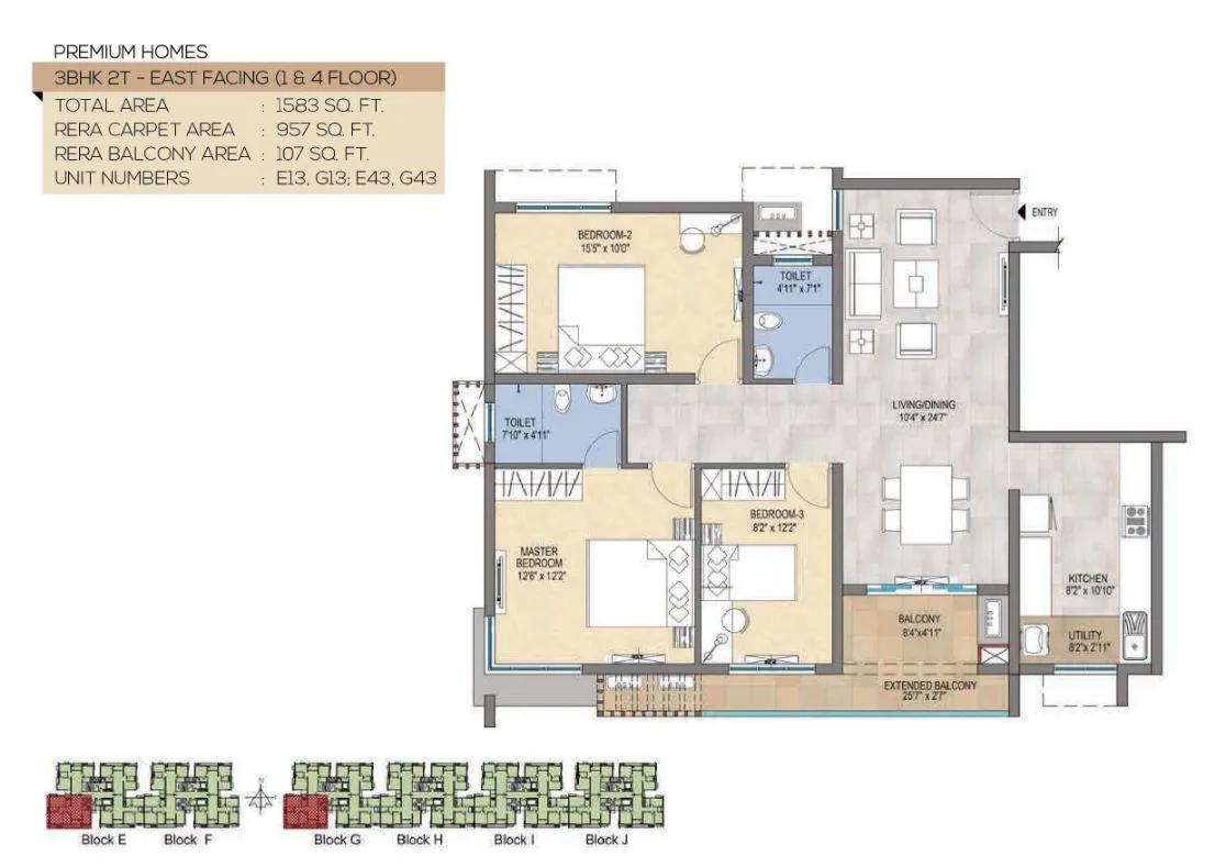 TVS Emerald Peninsula Magnific 3 BHK floor plan, about 1,583 sq ft