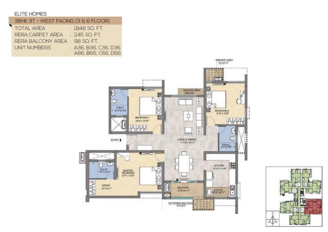 TVS Emerald Peninsula Magnific 3 BHK floor plan, about 1,848 sq ft