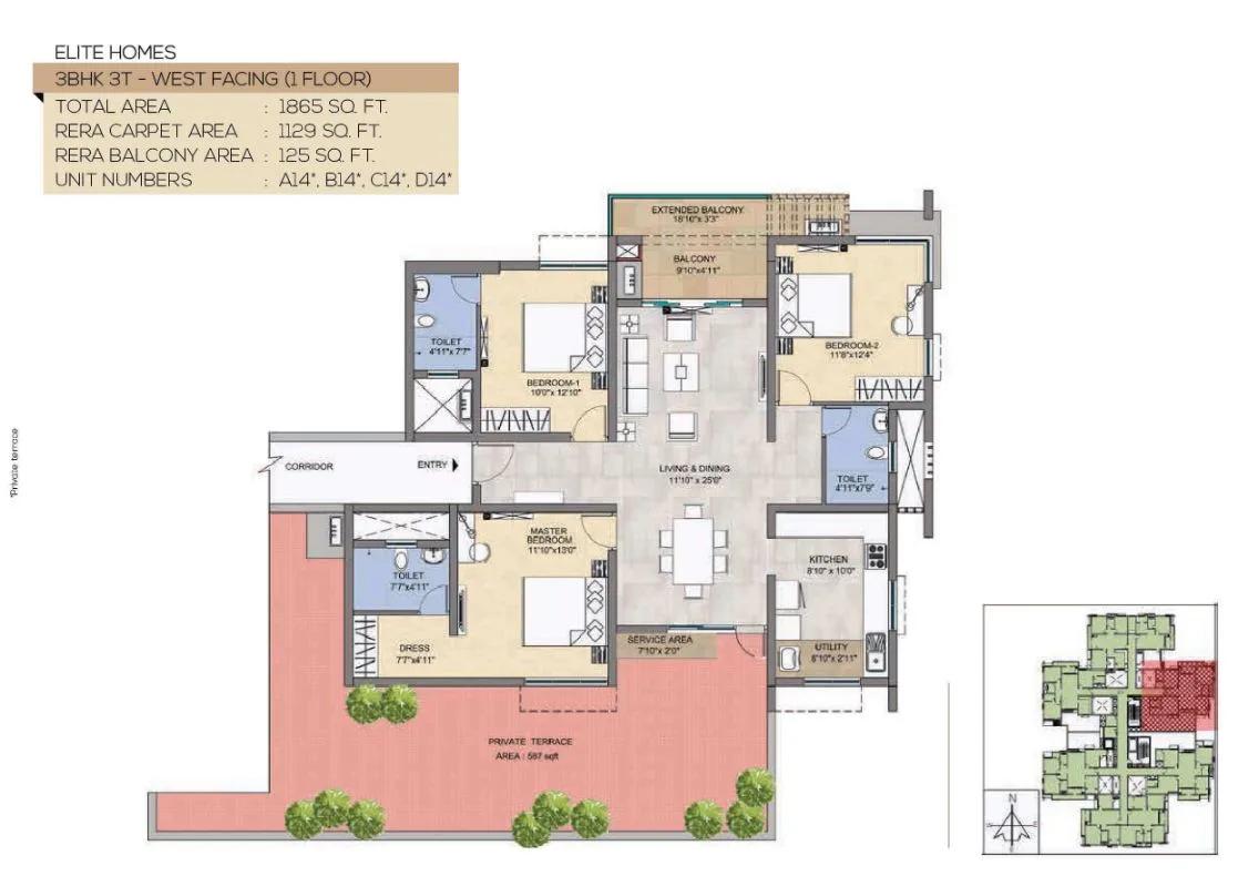 TVS Emerald Peninsula Magnific 3 BHK floor plan, about 1,865 sq ft