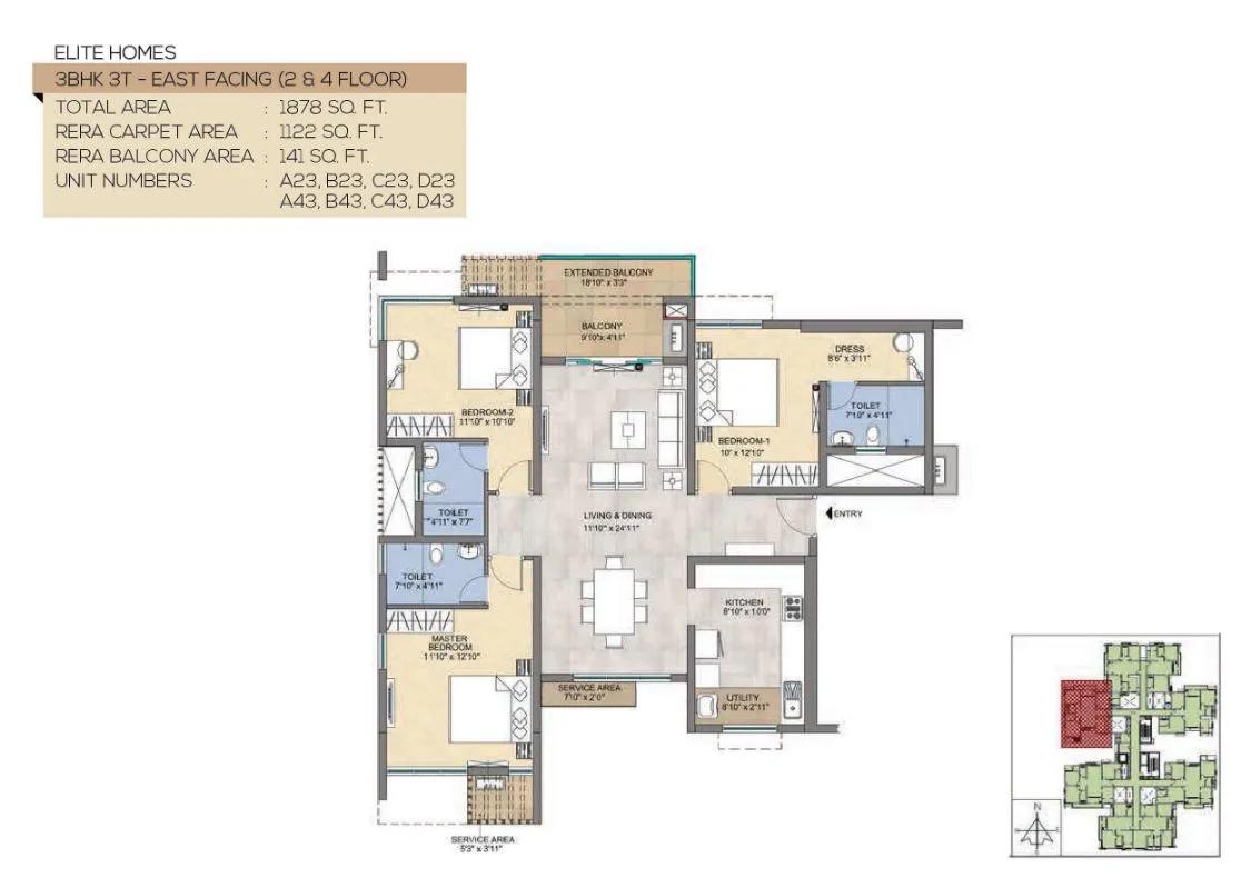TVS Emerald Peninsula Magnific 3 BHK floor plan, about 1,878 sq ft