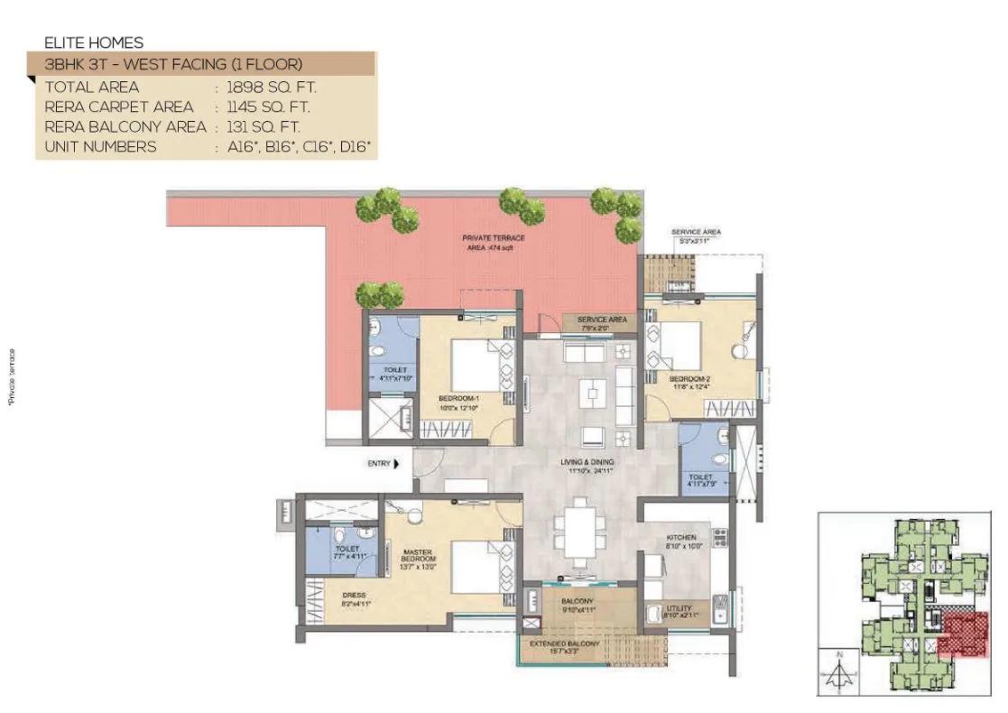 TVS Emerald Peninsula Magnific 3 BHK floor plan, about 1,898 sq ft