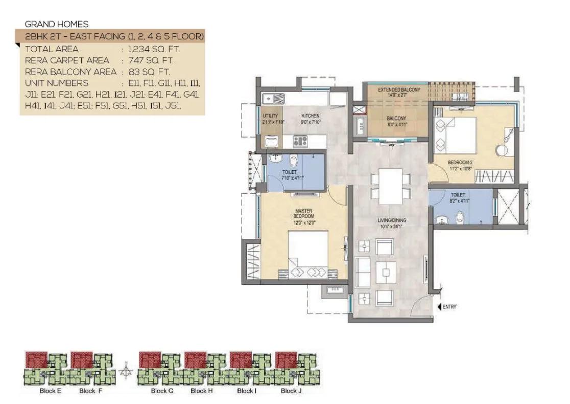 TVS Emerald Peninsula Magnific 2 BHK floor plan, about 1,234 sq ft