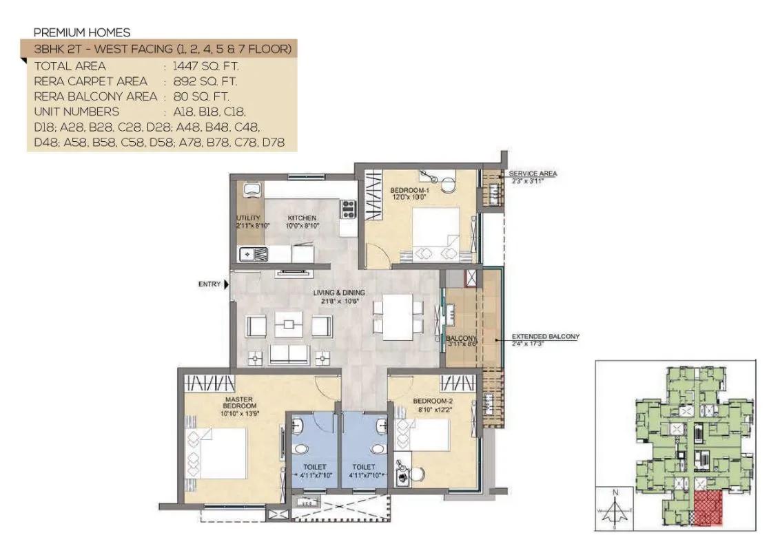 TVS Emerald Peninsula Magnific 3 BHK floor plan, about 1,447 sq ft