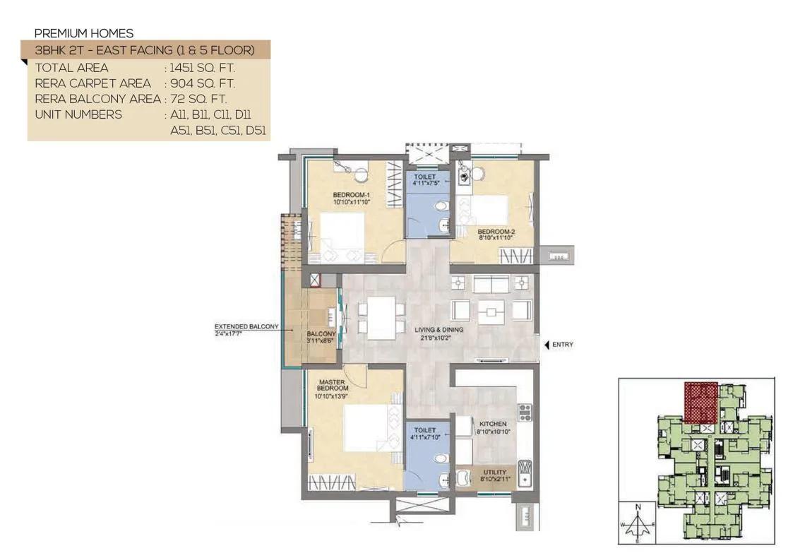 TVS Emerald Peninsula Magnific 3 BHK floor plan, about 1,451 sq ft