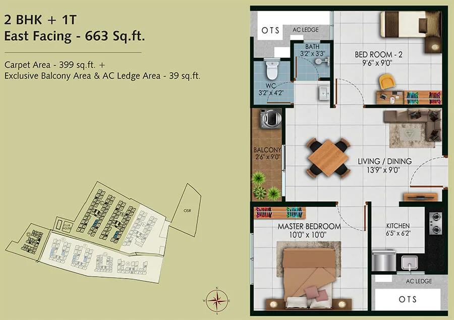 Urbanrise Revolution One 2 BHK floor plan, about 663 sq ft