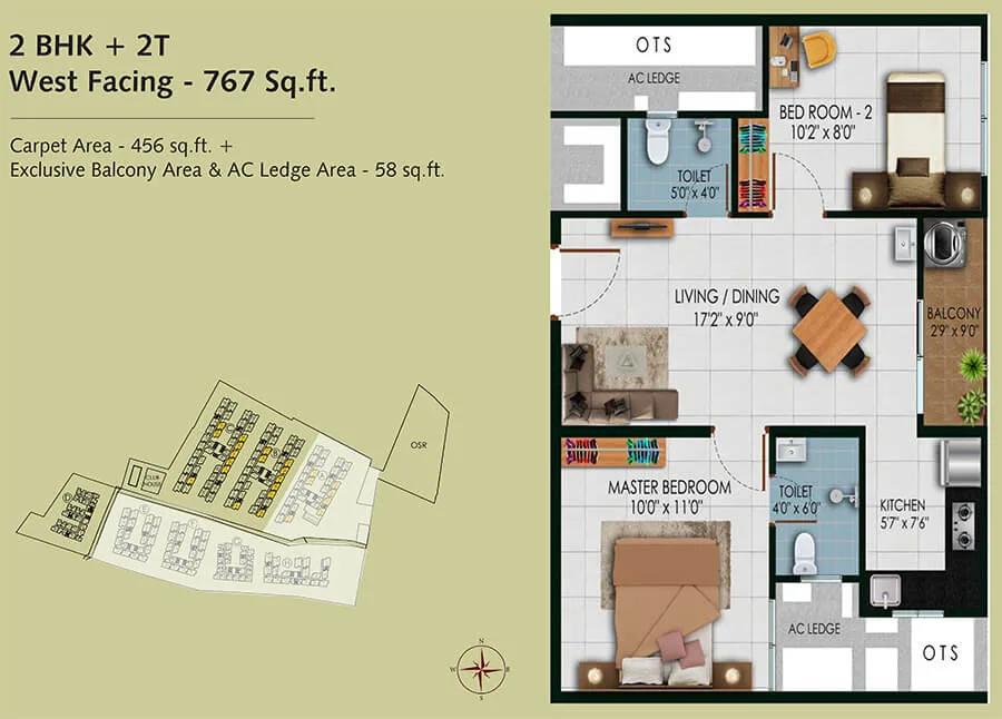 Urbanrise Revolution One 2 BHK floor plan, about 767 sq ft