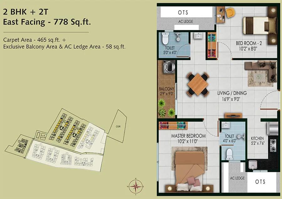 Urbanrise Revolution One 2 BHK floor plan, about 778 sq ft