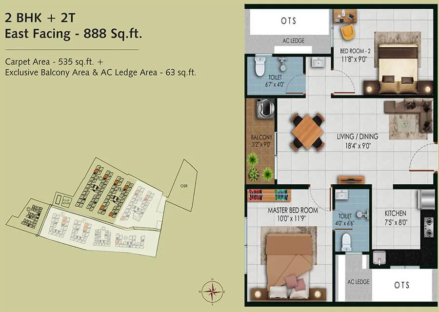 Urbanrise Revolution One 2 BHK floor plan, about 888 sq ft
