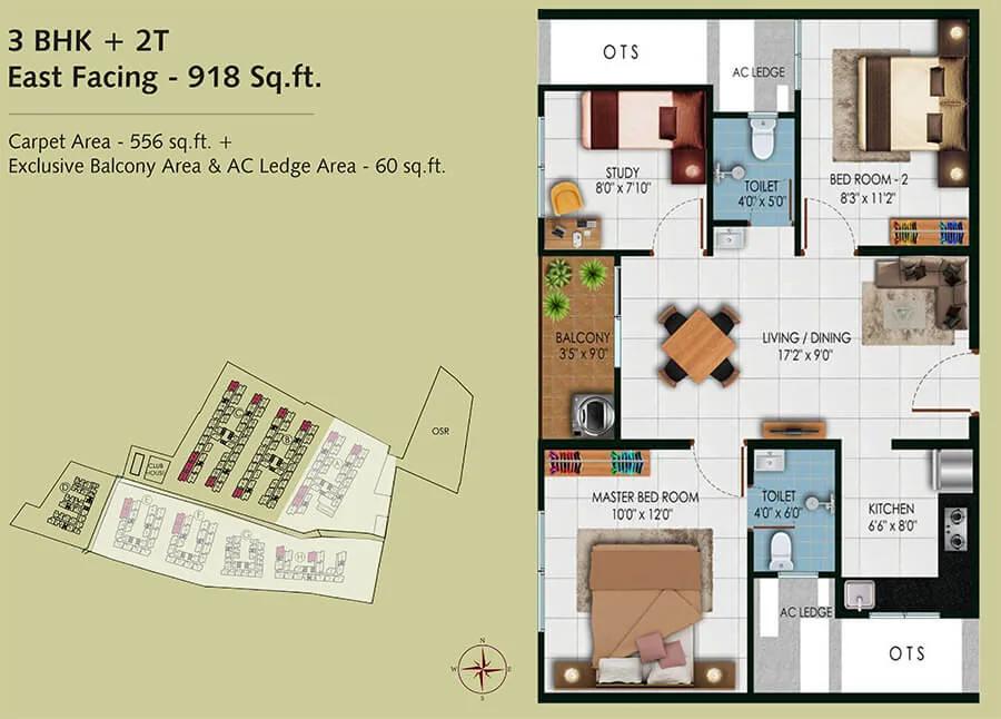 Urbanrise Revolution One 3 BHK floor plan, about 918 sq ft