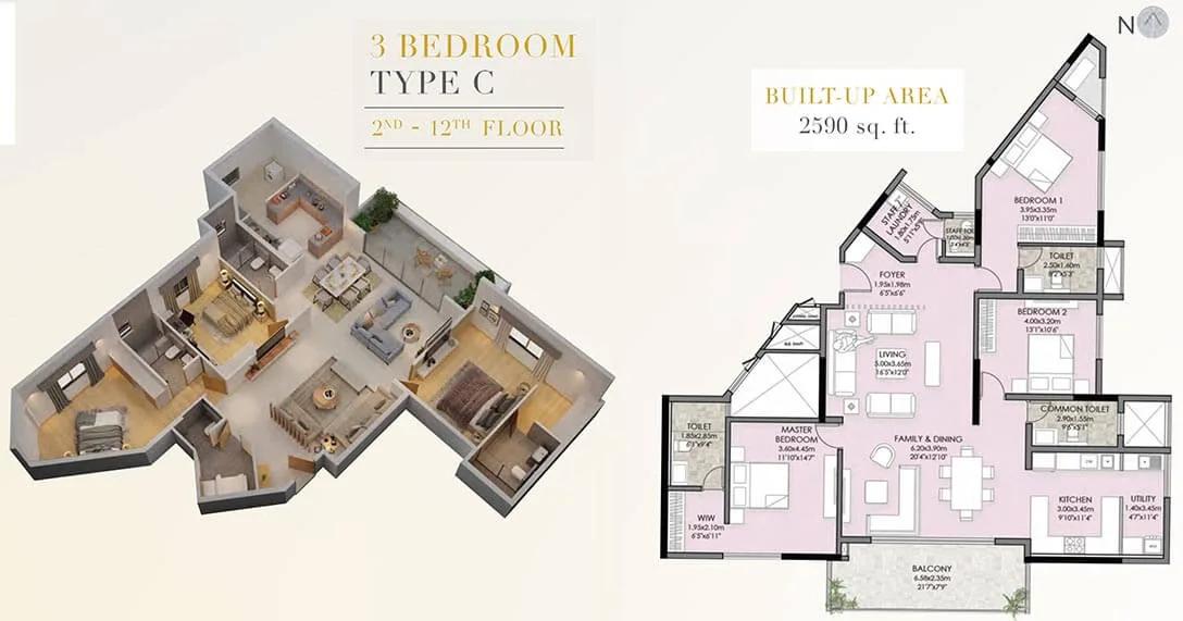 Vaishnavi Premiere 3 BHK floor plan, about 2,590 sq ft