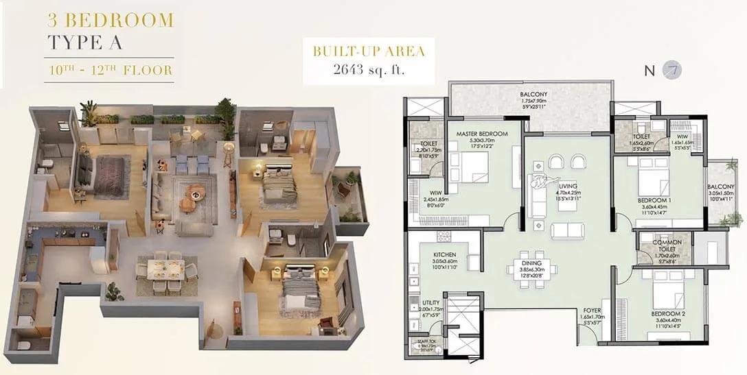 Vaishnavi Premiere 3 BHK floor plan, about 2,643 sq ft