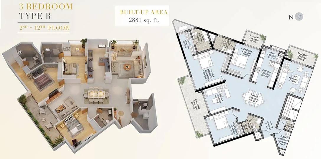 Vaishnavi Premiere 3 BHK floor plan, about 2,881 sq ft