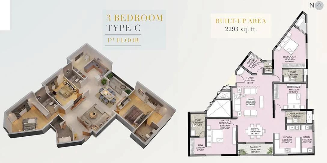 Vaishnavi Premiere 3 BHK floor plan, about 2,293 sq ft