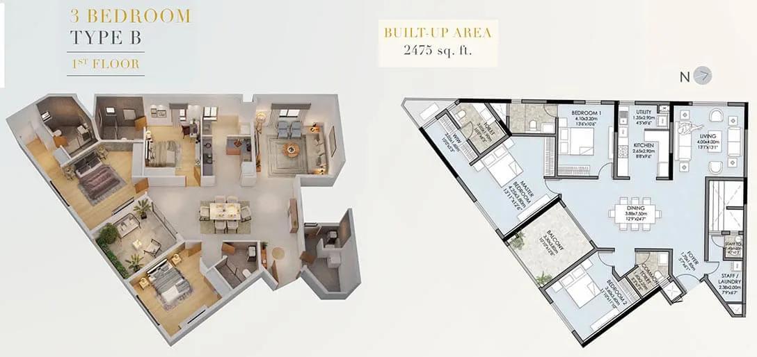 Vaishnavi Premiere 3 BHK floor plan, about 2,475 sq ft