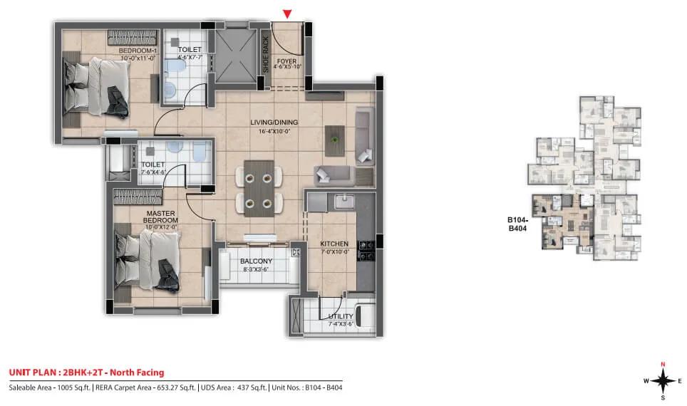 DRA Urbania 2 BHK floor plan, about 1,005 sq ft