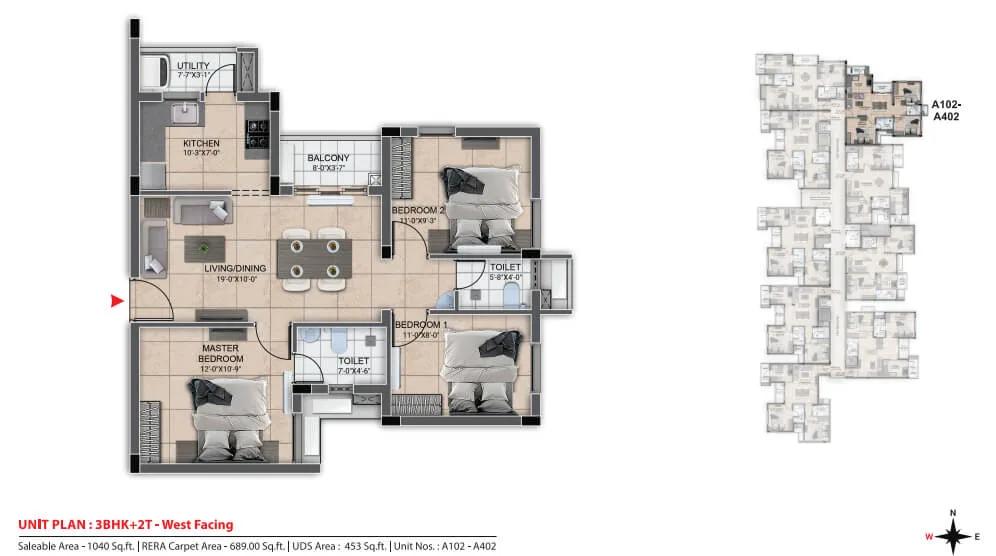 DRA Urbania 3 BHK floor plan, about 1,040 sq ft
