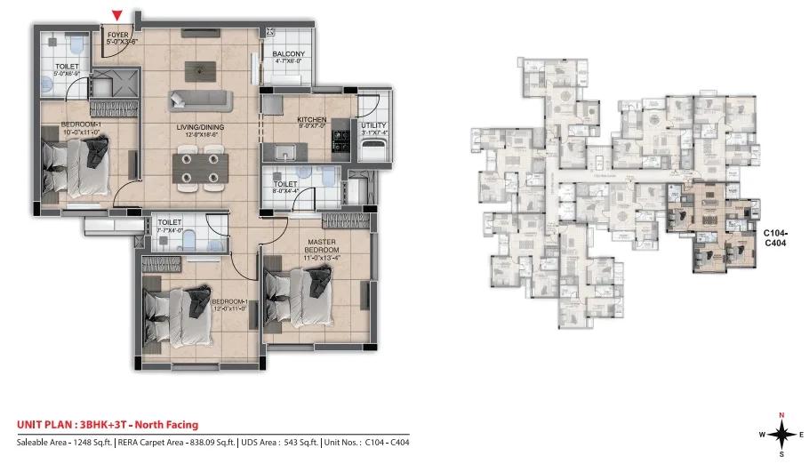 DRA Urbania 3 BHK floor plan, about 1,248 sq ft