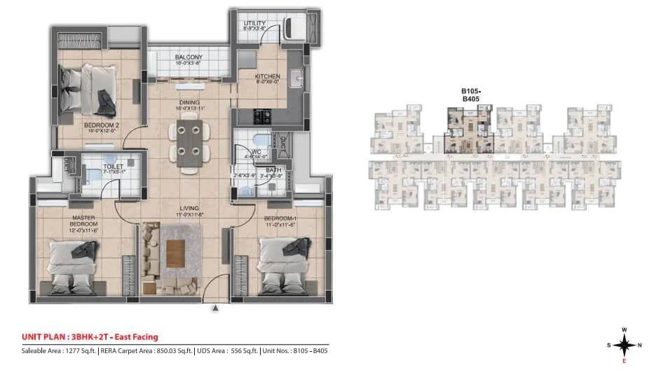 DRA Urbania 3 BHK floor plan, about 1,277 sq ft