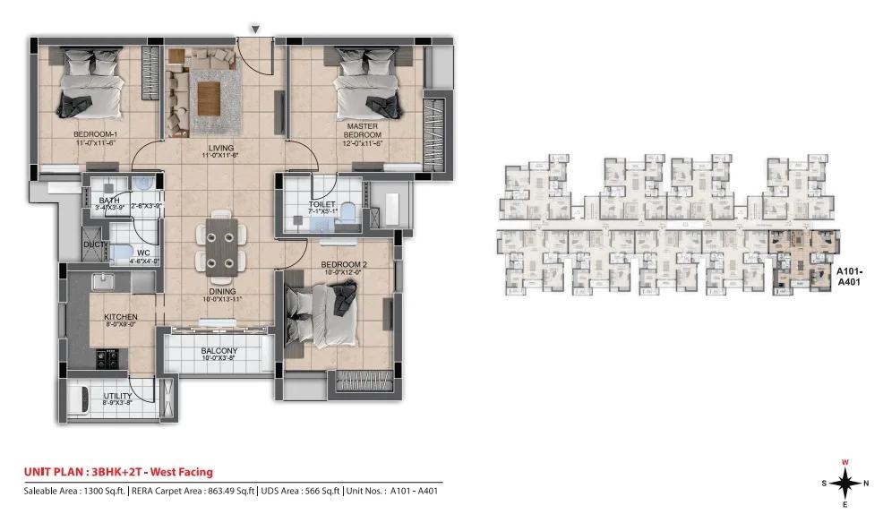 DRA Urbania 3 BHK floor plan, about 1,300 sq ft