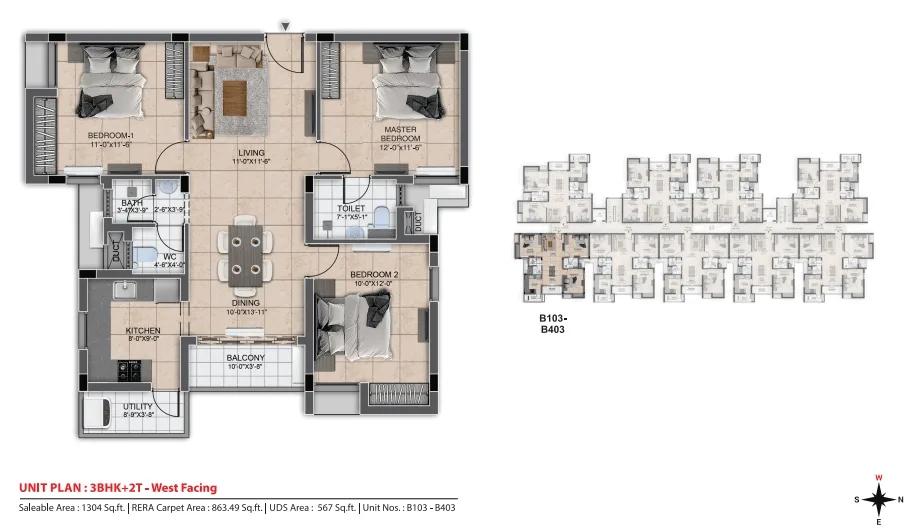 DRA Urbania 3 BHK floor plan, about 1,304 sq ft