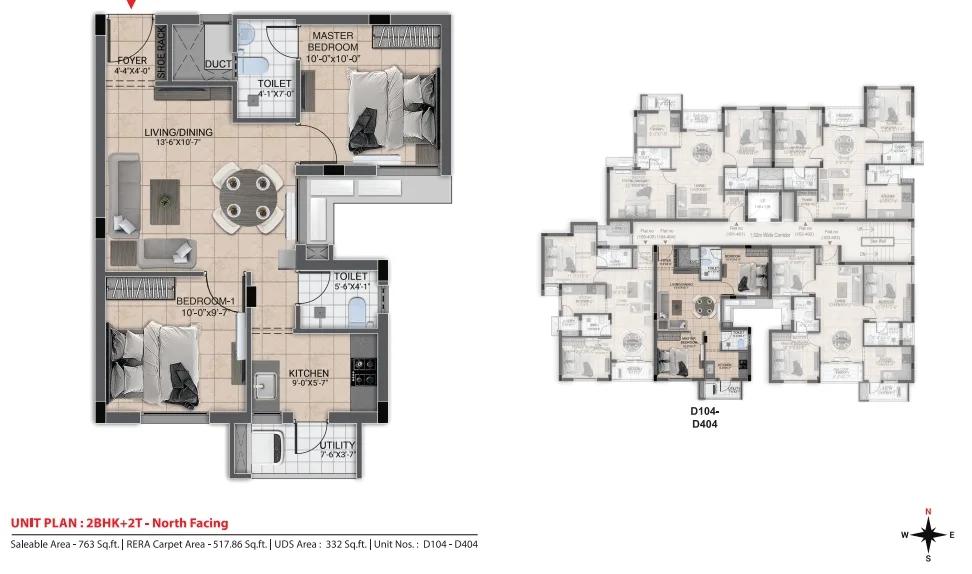 DRA Urbania 2 BHK floor plan, about 763 sq ft